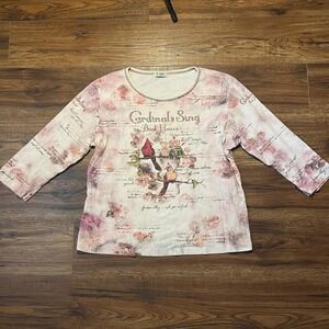 Vintage Cardinal Song Bird  Top M Floral Nature Boho Y2K Graphic 3/4 Sleeve Tee